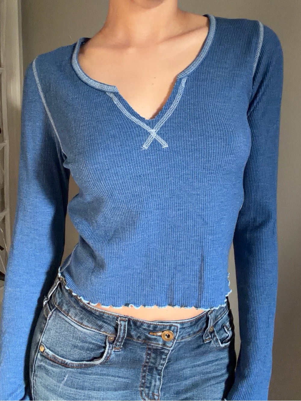 NWT American Eagle Blue Ribbed Y2K Crop Top Size S
